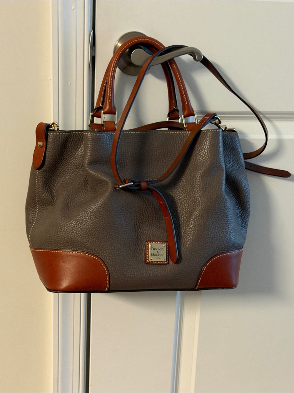 Dooney & Bourke Gray Leather Tote with Brown Trim